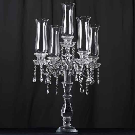5-Arm 32 Inch Tall Crystal Glass Candelabra with Roman Column