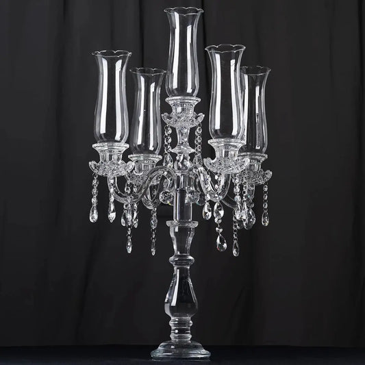 5-Arm 32 Inch Tall Crystal Glass Candelabra with Roman Column