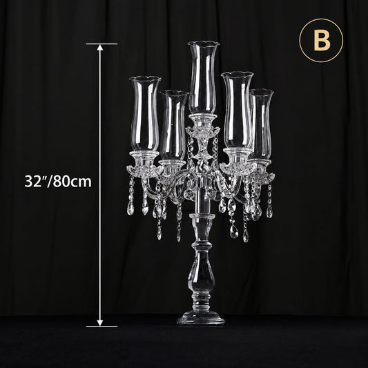 5-Arm 32 Inch Tall Crystal Glass Candelabra with Roman Column