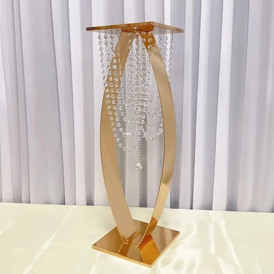 32-inch gold curved metal pedestal stand with hanging acrylic bead strands