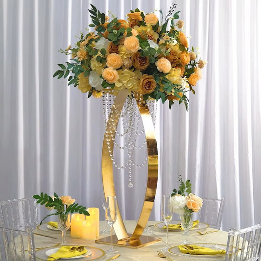 32-inch gold curved metal pedestal stand with hanging acrylic bead strands