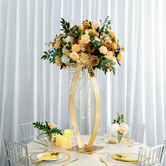 32-inch gold curved metal pedestal stand with hanging acrylic bead strands