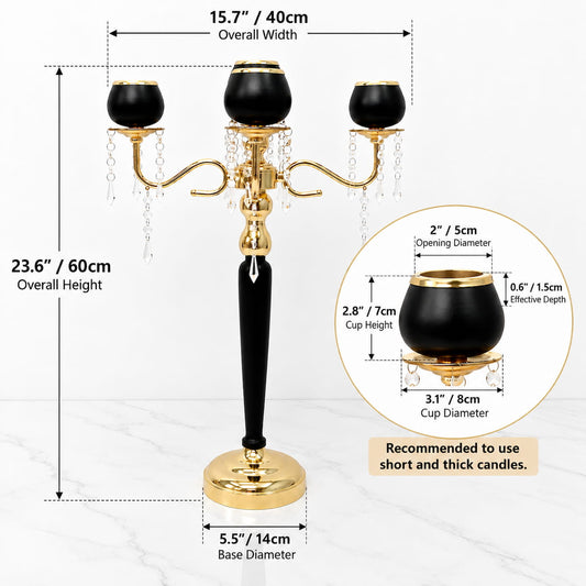 5-Arm Gold & Black Metal Candelabras – 23.6" Tall