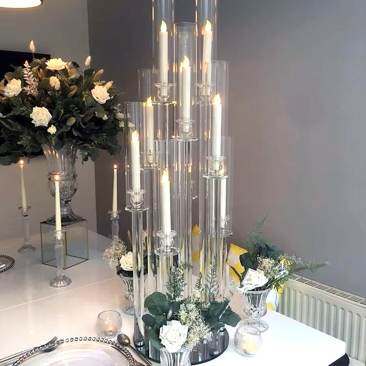 Crystal Glass Candelabra With Round Mirror Base