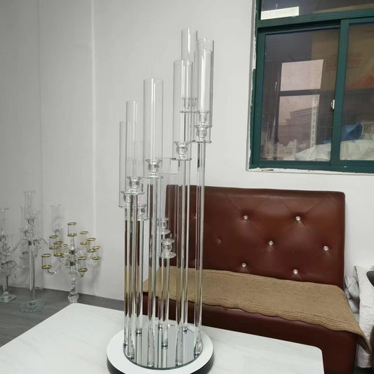 S Style | 10 Arms 48 inches Tall | Crystal Glass Candelabra | Wedding Centerpieces | Pillar Candle Holders With Round Mirror Base