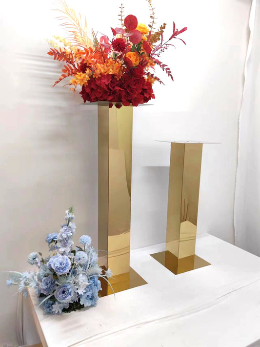2 Pcs | 40" Tall Square Column Gold Mirror Stainless Steel Floral Stands | Table Centerpieces for Wedding Party Decoration