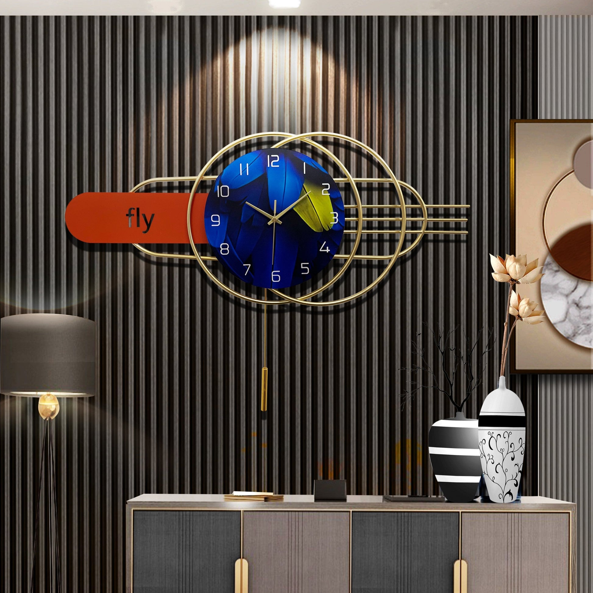 Artistic Geometric Metal Wall Clock with Pendulum Creative Home Decor 