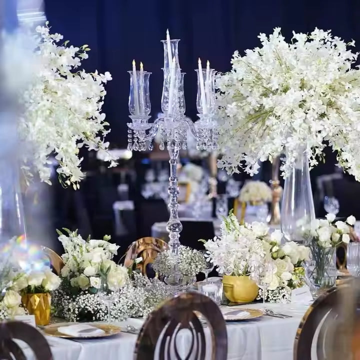 5-Arm 32 Inch Tall Crystal Glass Candelabra with Roman Column