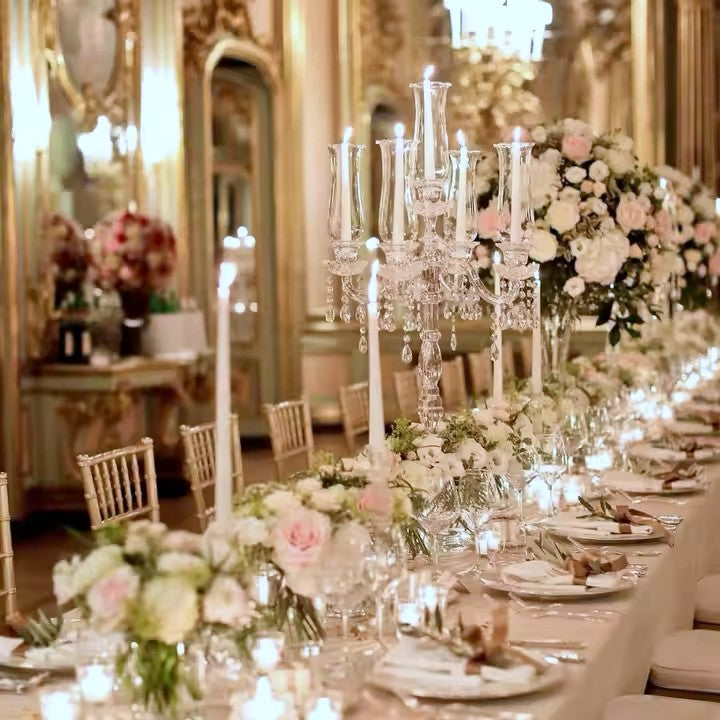 5-Arm 32 Inch Tall Crystal Glass Candelabra with Roman Column