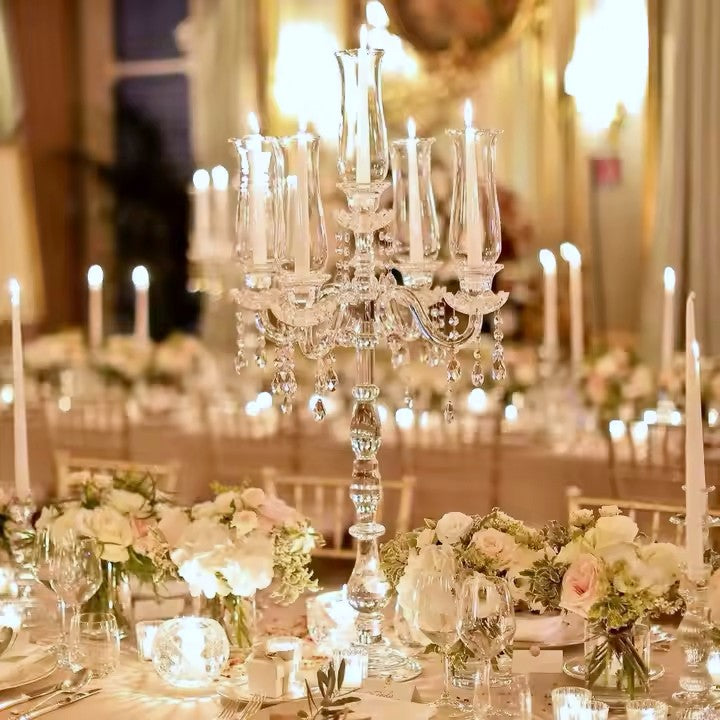 5-Arm 32 Inch Tall Crystal Glass Candelabra with Roman Column