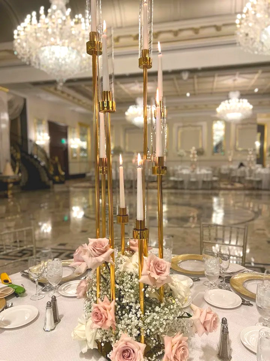 2 Sets | 5 Sets 8 Arm 50'' Gold Metal Cluster Candelabra | Clear Crystal Glass Shades | Wedding | Party | Event  Centerpiece | Tall Candle Holders