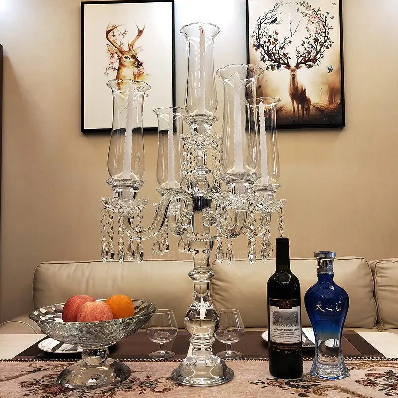 5-Arm 32 Inch Tall Crystal Glass Candelabra with Roman Column