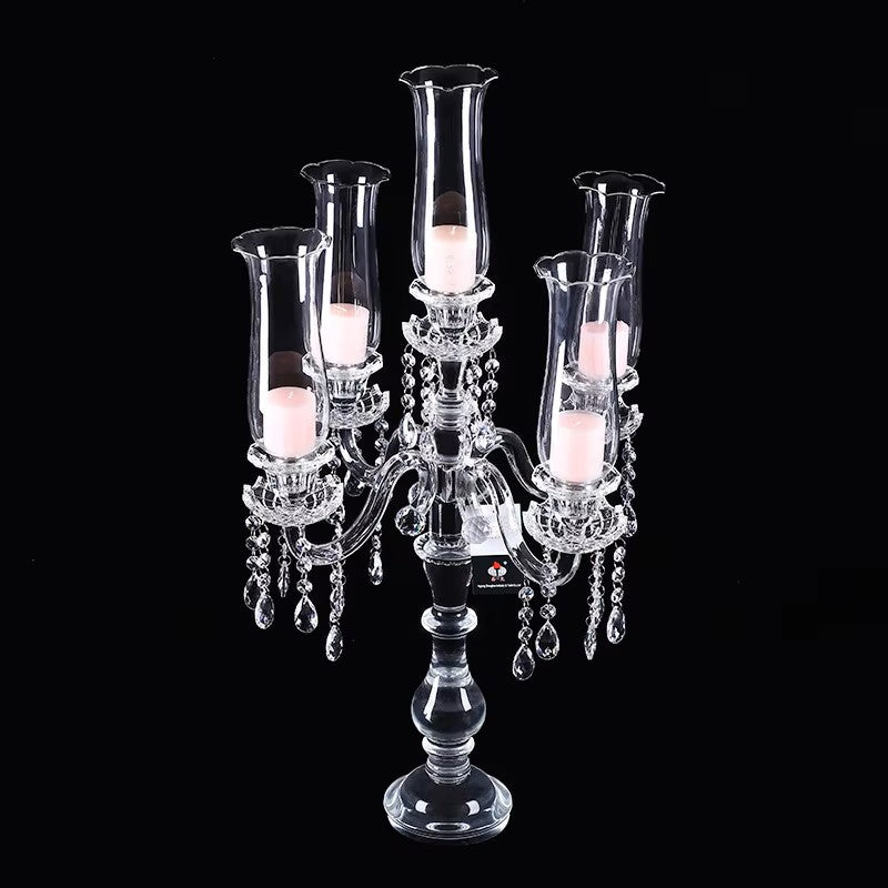 5-Arm 32 Inch Tall Crystal Glass Candelabra with Roman Column