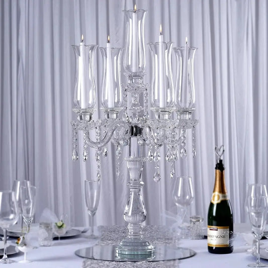 5-Arm 32 Inch Tall Crystal Glass Candelabra with Roman Column