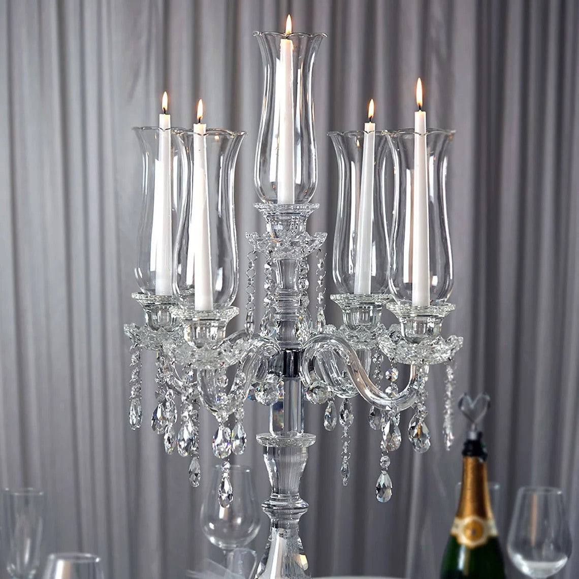 5-Arm 32 Inch Tall Crystal Glass Candelabra with Roman Column