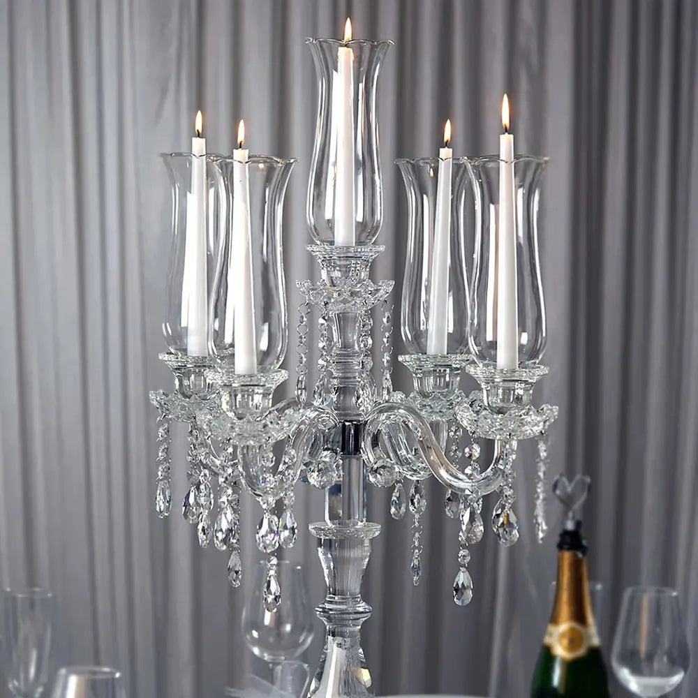 5-Arm 32 Inch Tall Crystal Glass Candelabra with Roman Column