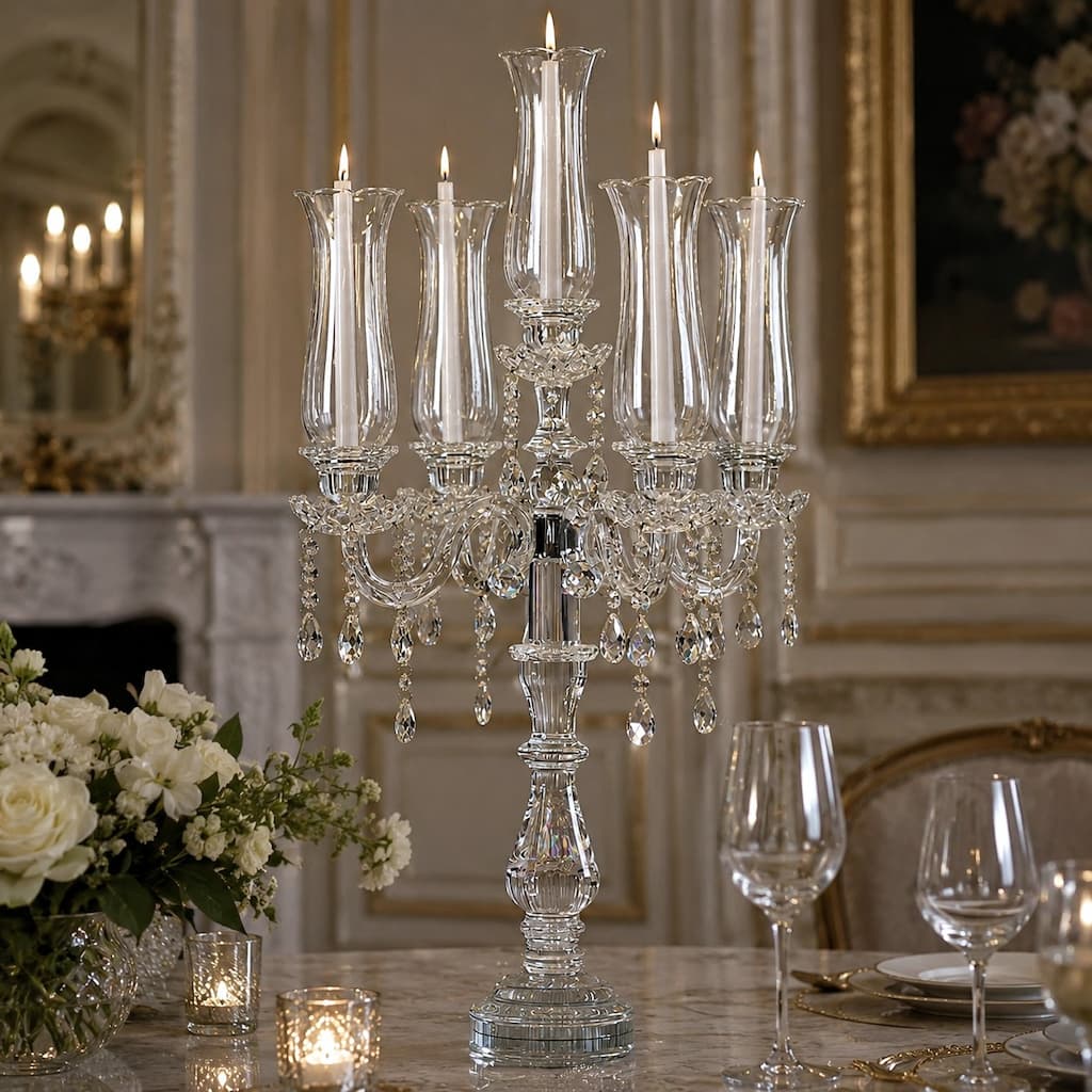 5-Arm 32 Inch Tall Crystal Glass Candelabra with Roman Column