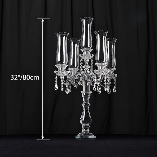 5-Arm 32 Inch Tall Crystal Glass Candelabra with Roman Column