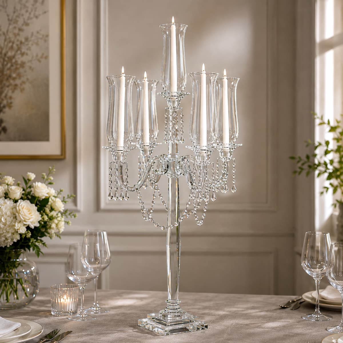5 Arm 40" Crystal Glass Candelabra Tabletop Centerpieces