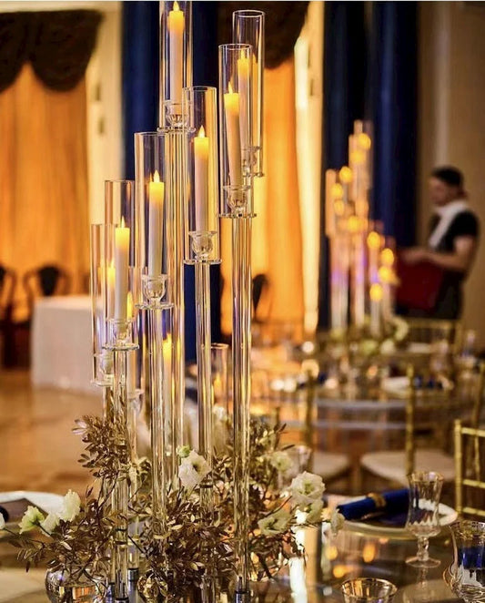 S Style | 10 Arms 48 inches Tall | Crystal Glass Candelabra | Wedding Centerpieces | Pillar Candle Holders With Round Mirror Base