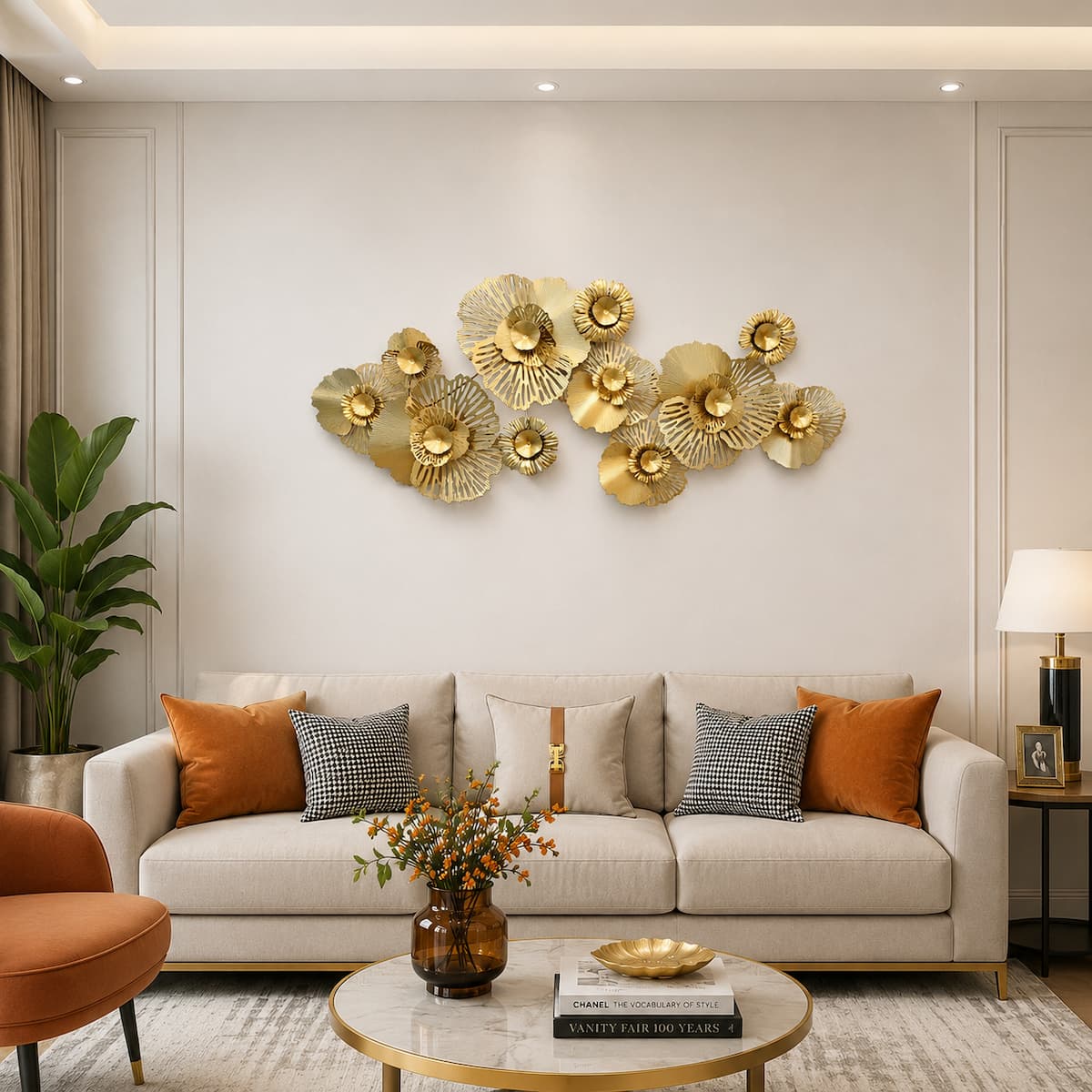 Handcrafted 3D Hollow Gold Metal Flower Wall Accent