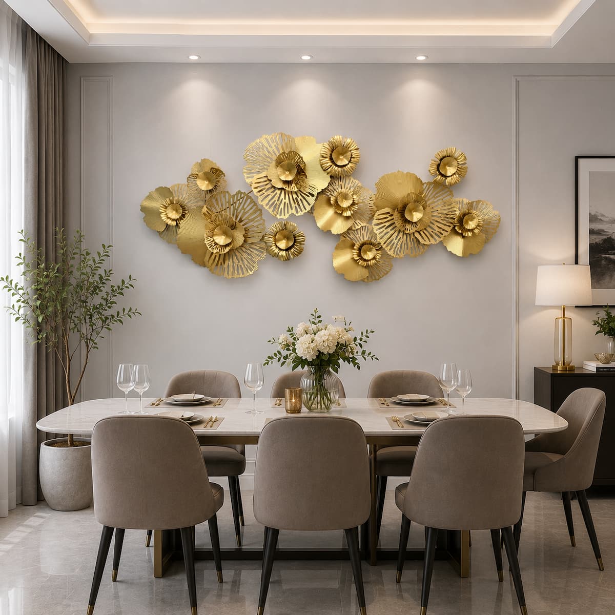 Handcrafted 3D Hollow Gold Metal Flower Wall Accent