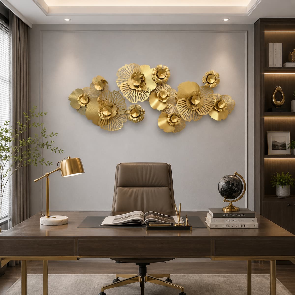 Handcrafted 3D Hollow Gold Metal Flower Wall Accent