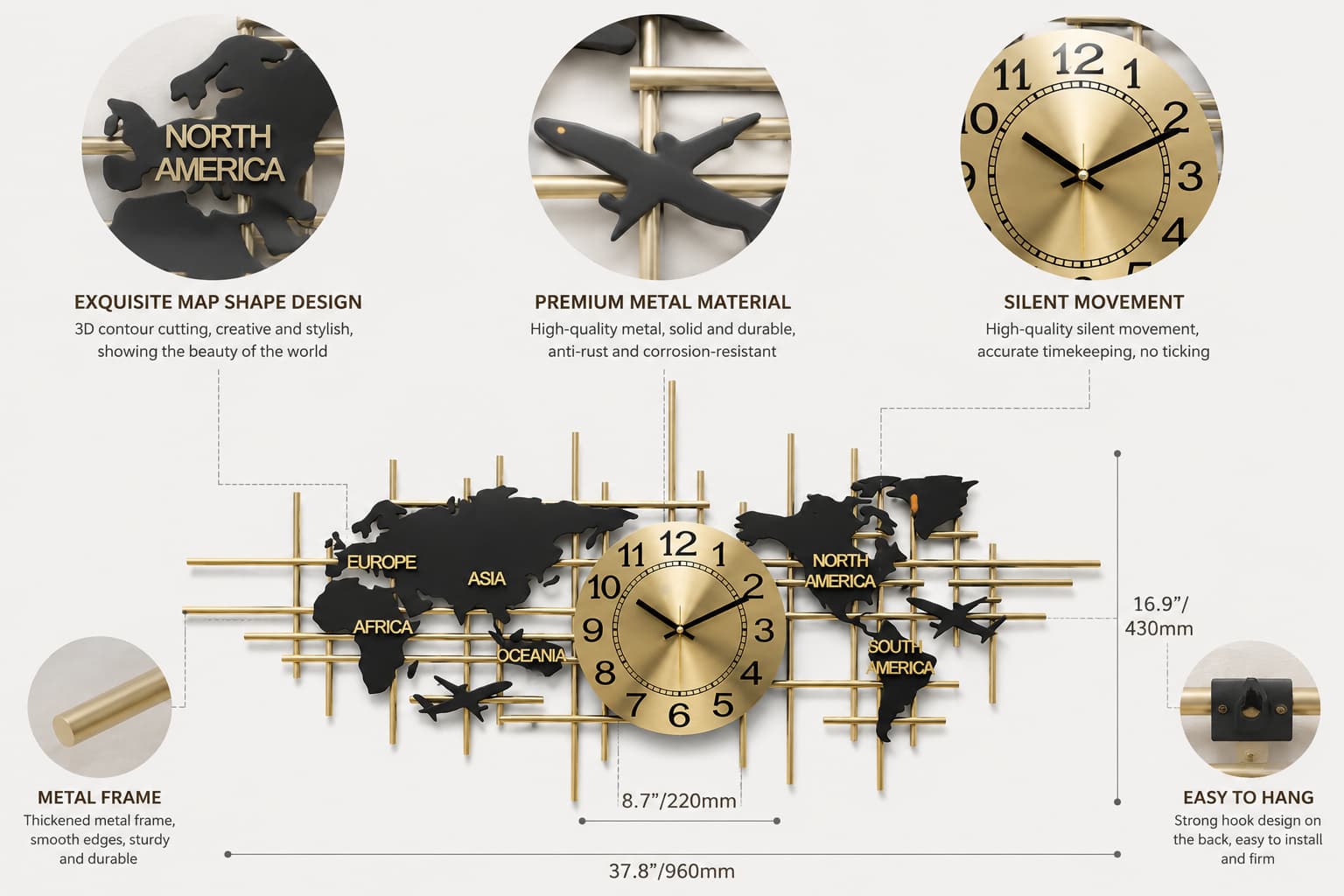 Modern 3D Metal World Map Wall Clock Decor