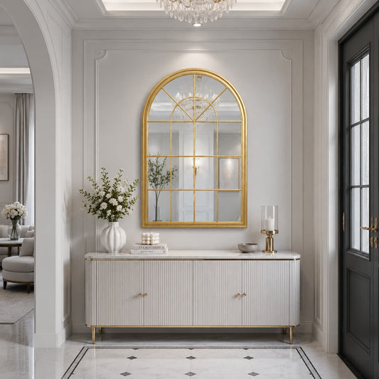 Arched Window Gold Metal Wall Mirror
