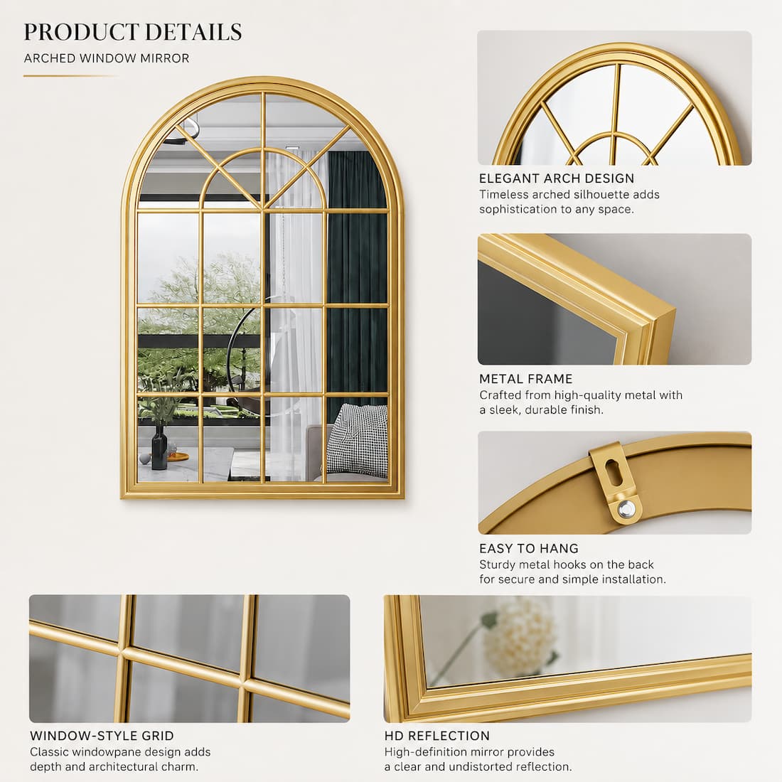 Arched Window Gold Metal Wall Mirror