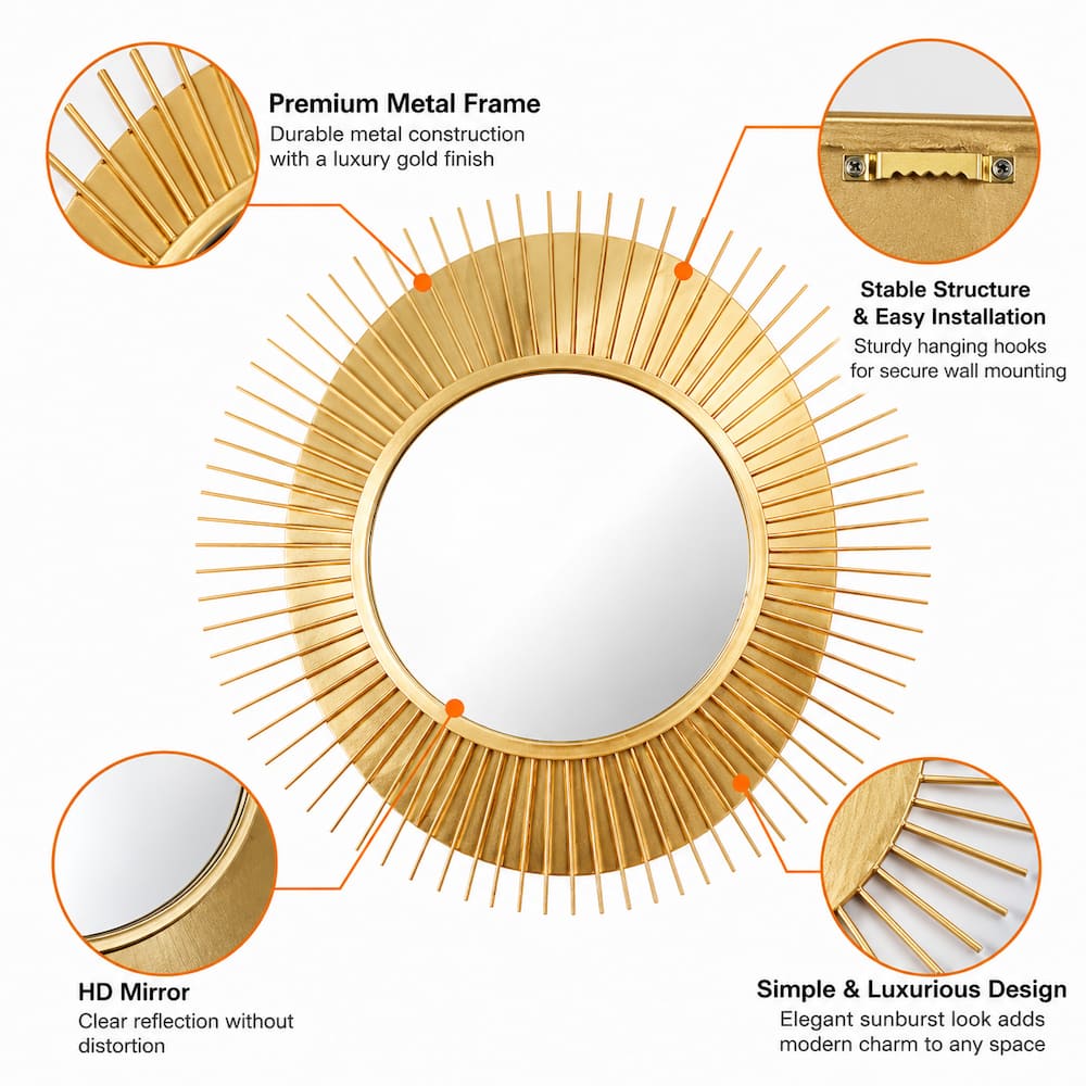 Creative Modern Sunburst Gold Metal Wall Mirror Home Decor Accent
