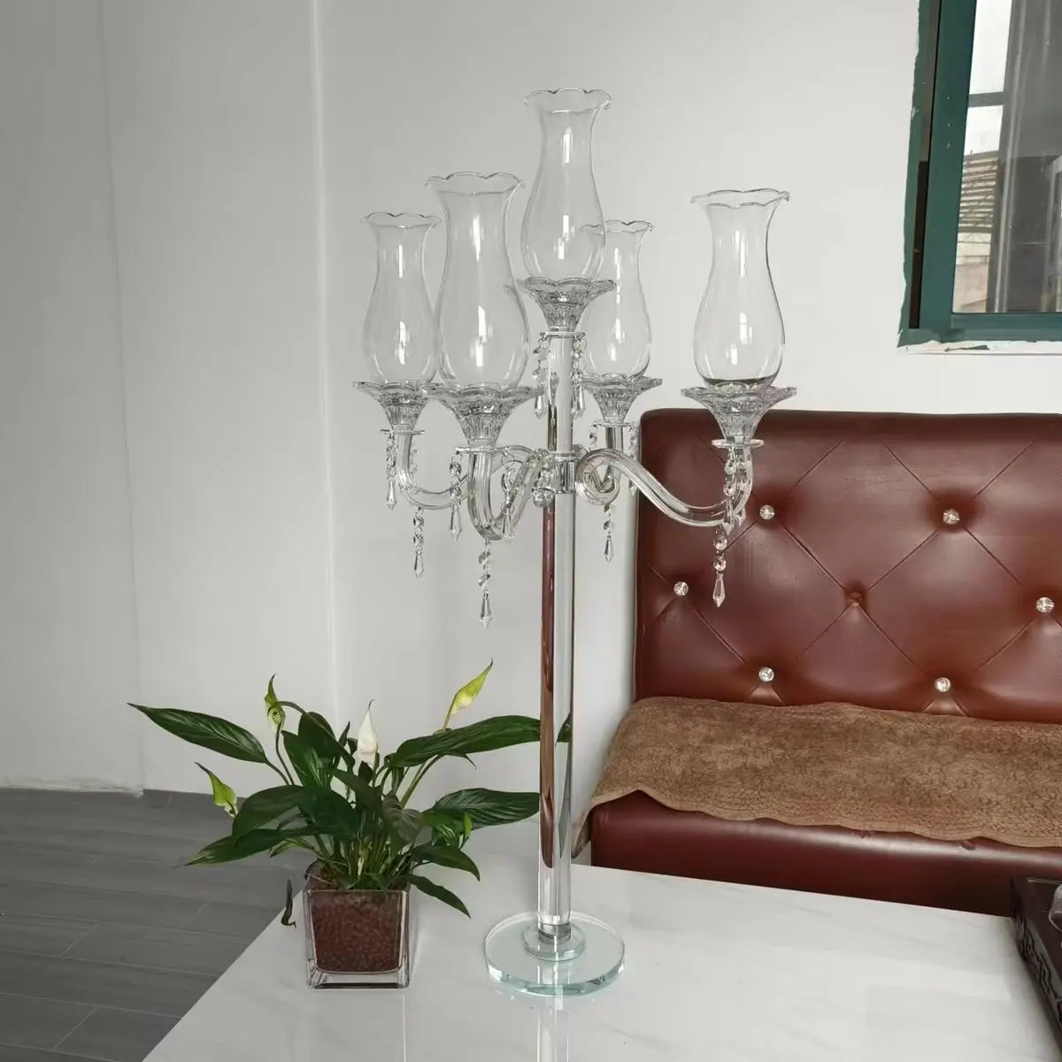 5 Arm 37.4" Crystal Glass Candelabra