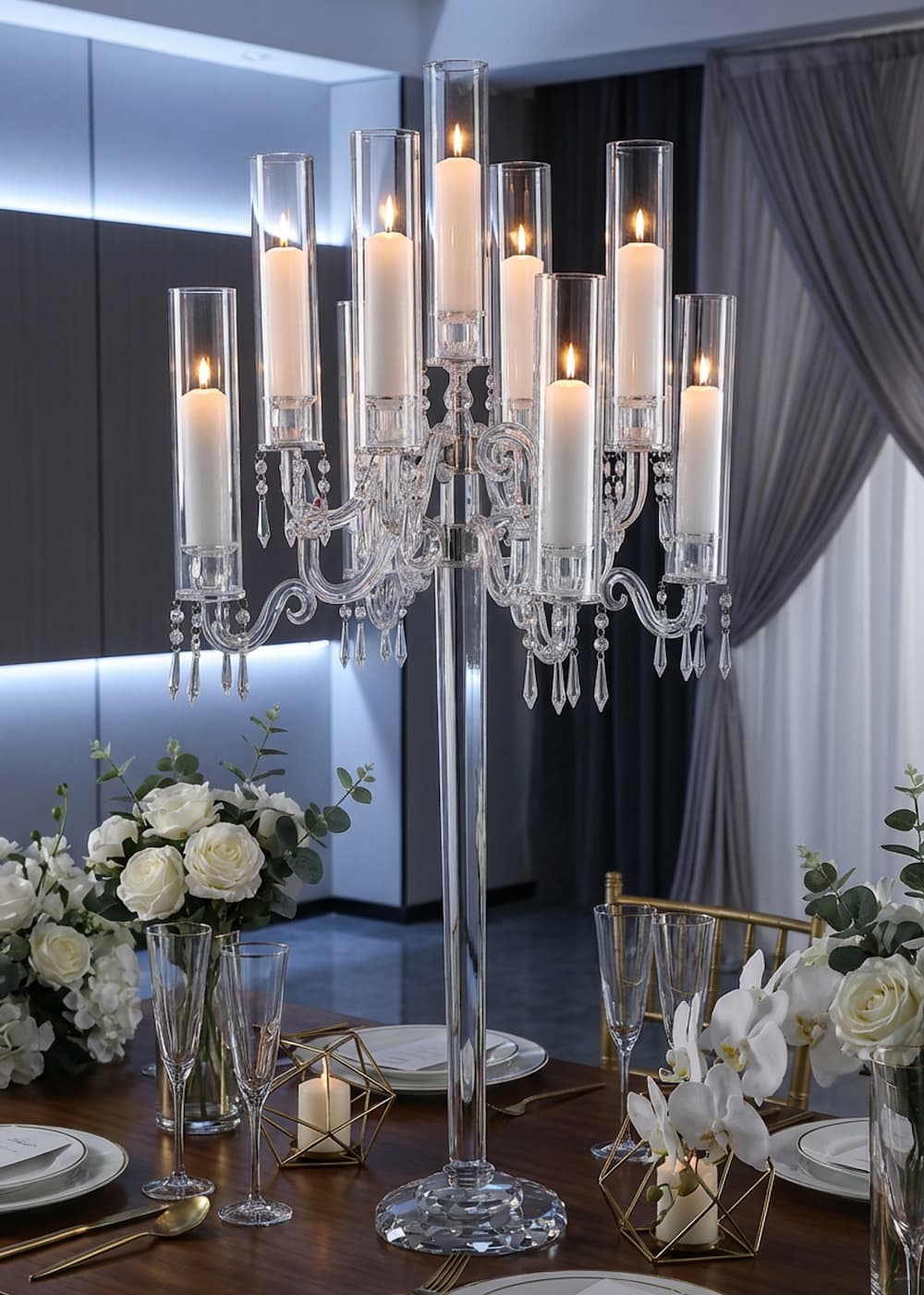  K9 Crystal 9-Arm Candelabra with Diamond-Shaped Column 
