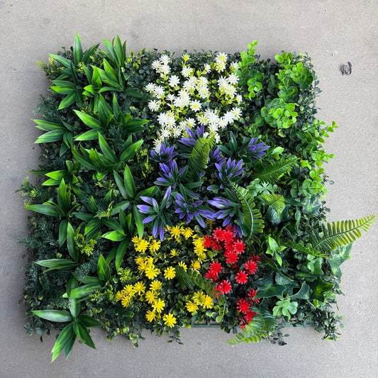 20x20 modular artificial greenery wall panels with mixed foliage and floral accents, interlocking backdrop for weddings and events