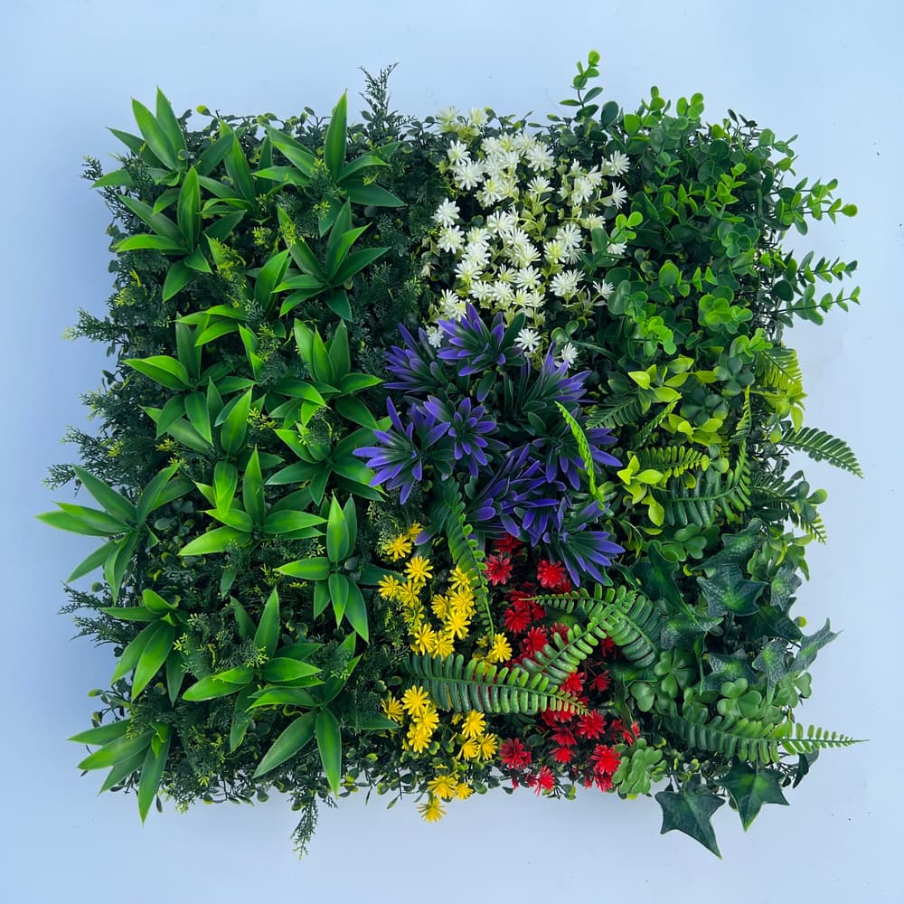 20x20 modular artificial greenery wall panels with mixed foliage and floral accents, interlocking backdrop for weddings and events