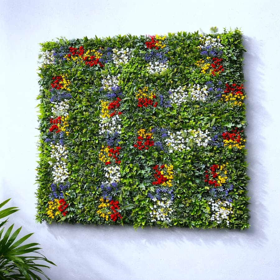 Multiple 20x20 artificial greenery wall panels connected to form a vibrant multi-tone foliage wall with leaf-based color variation