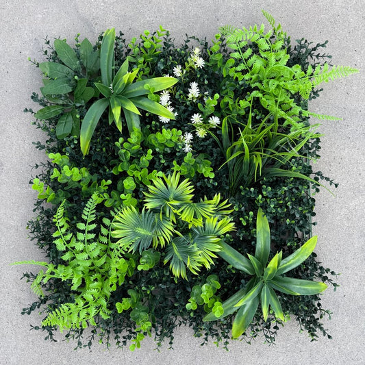 20x20 dense artificial greenery wall panels with tropical foliage, interlocking faux green wall for indoor and outdoor decor