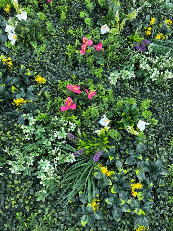 Detail view of artificial greenery wall panel with mixed leaves and colorful floral accents