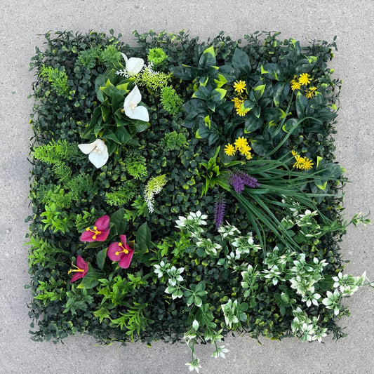 20x20 floral artificial greenery wall panels with mixed foliage and flower accents, interlocking faux green wall for weddings and events