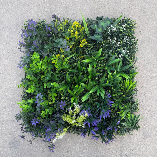 20x20 cool tone artificial greenery wall panels with purple and blue accents, interlocking faux green wall for modern decorative installations