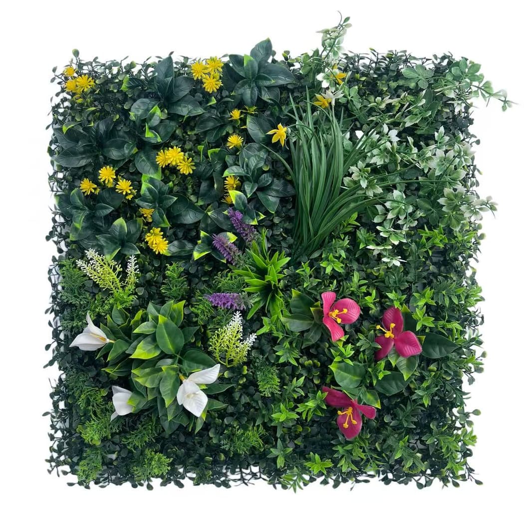20x20 floral artificial greenery wall panels with mixed foliage and flower accents, interlocking faux green wall for weddings and events