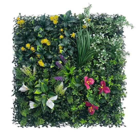 20x20 floral artificial greenery wall panels with mixed foliage and flower accents, interlocking faux green wall for weddings and events