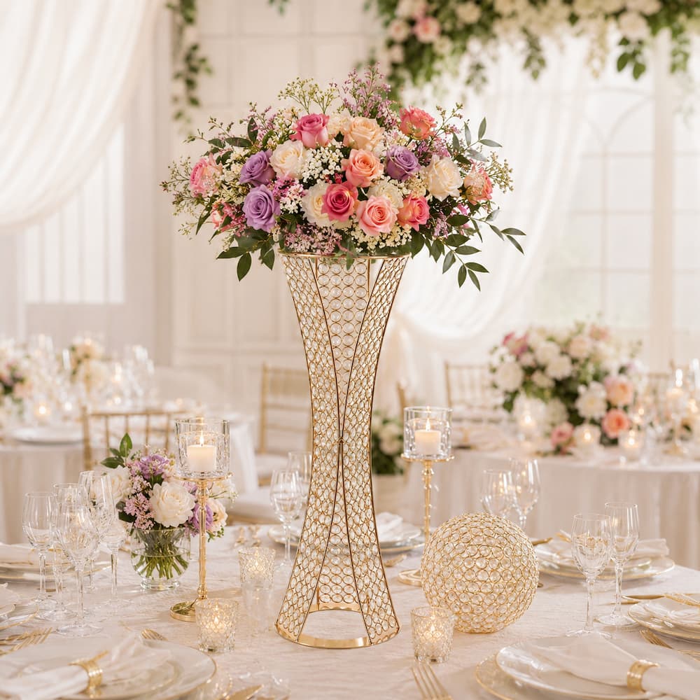 32" Gold Crystal Centerpiece Stand with Removable Orb