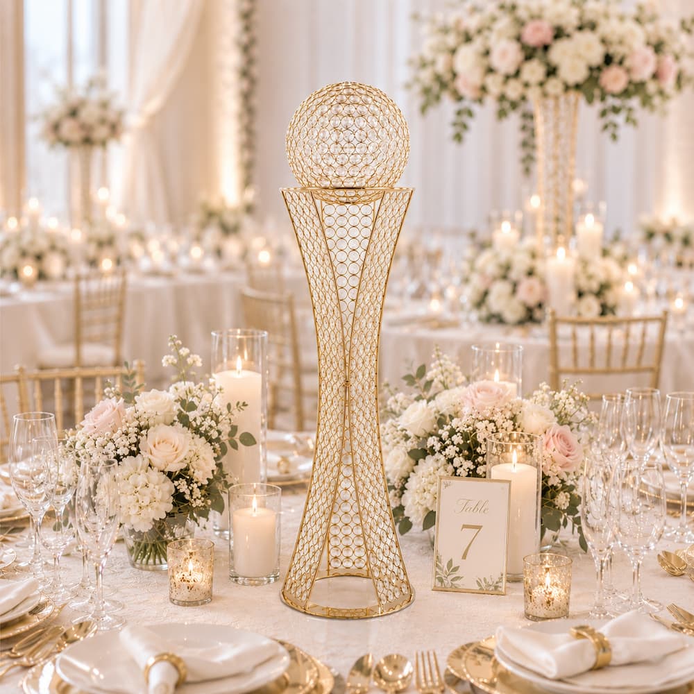 32" Gold Crystal Centerpiece Stand with Removable Orb