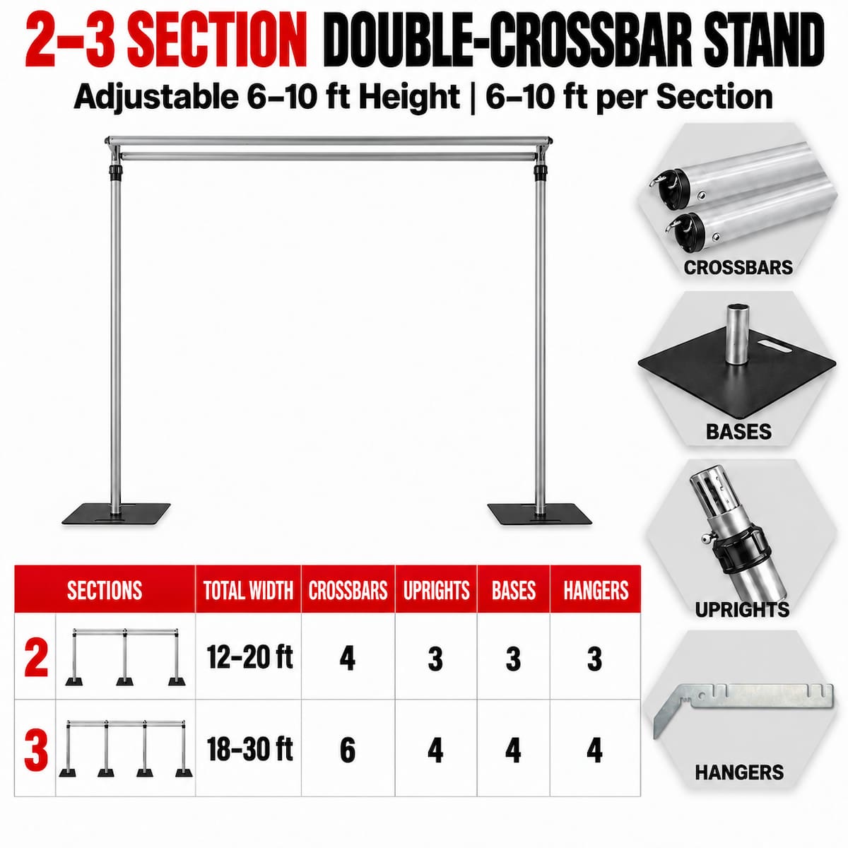 2–3 Section Adjustable Dual Crossbar Backdrop Stand 