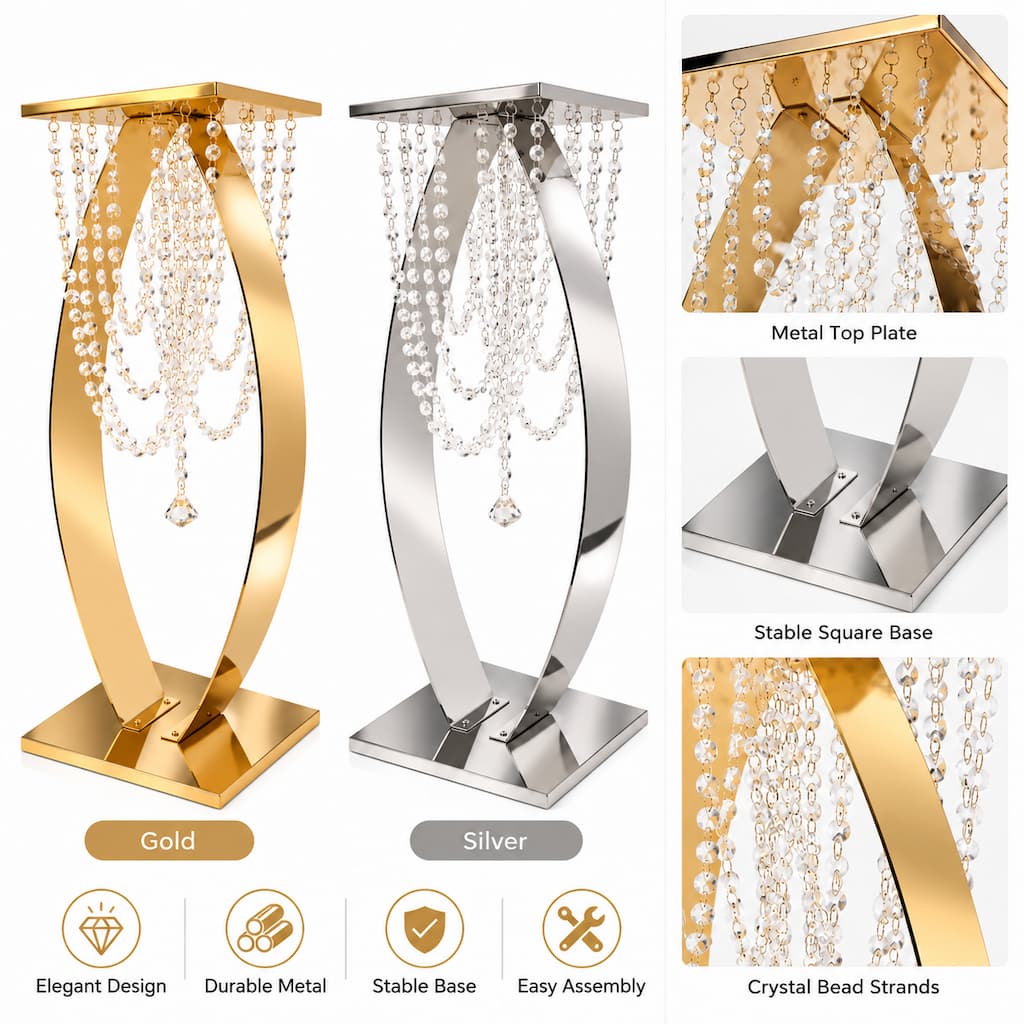 Curved Metal Pedestal Stand with Hanging Crystal Bead Strands 