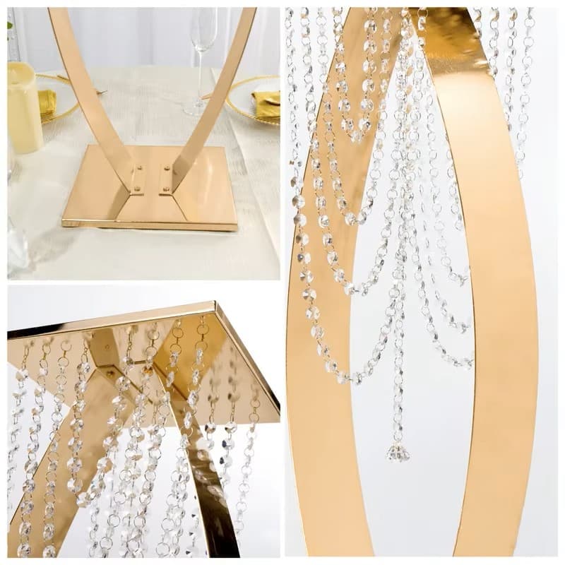 32-inch gold curved metal pedestal stand with hanging acrylic bead strands