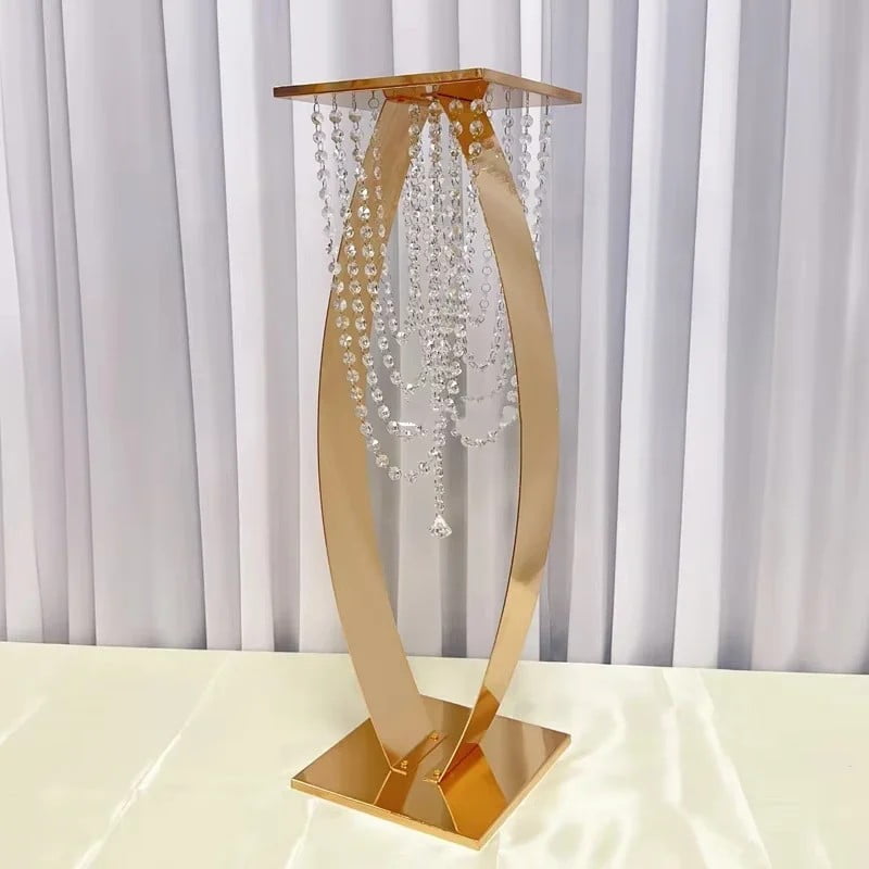 32-inch gold curved metal pedestal stand with hanging acrylic bead strands