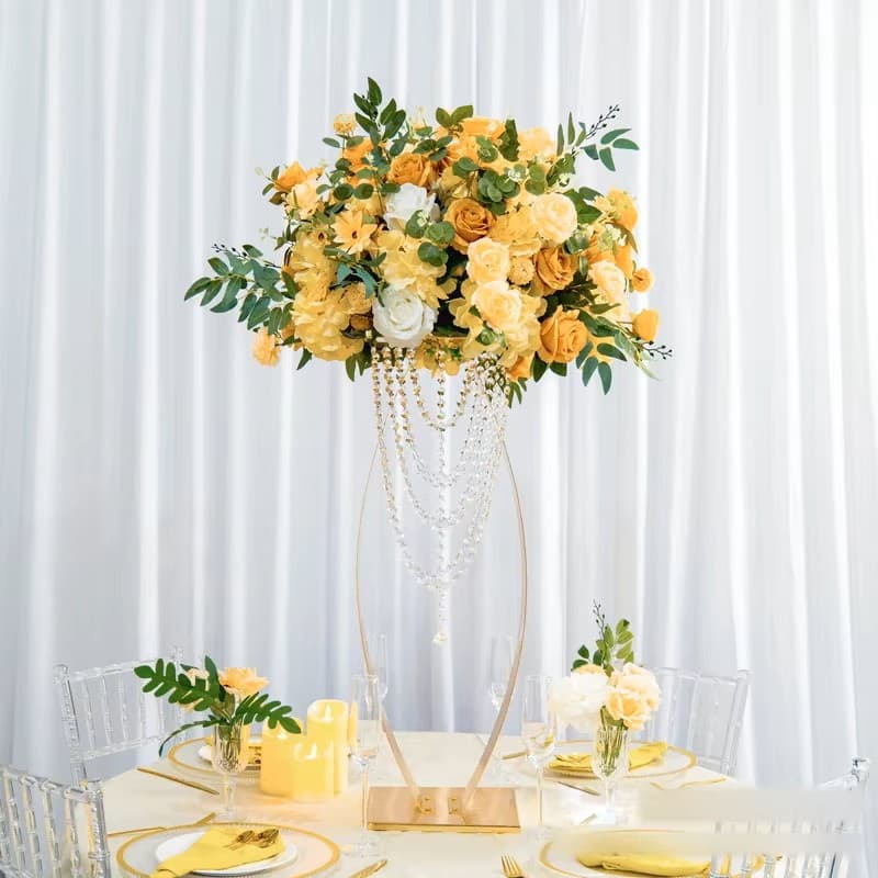 32-inch gold curved metal pedestal stand with hanging acrylic bead strands