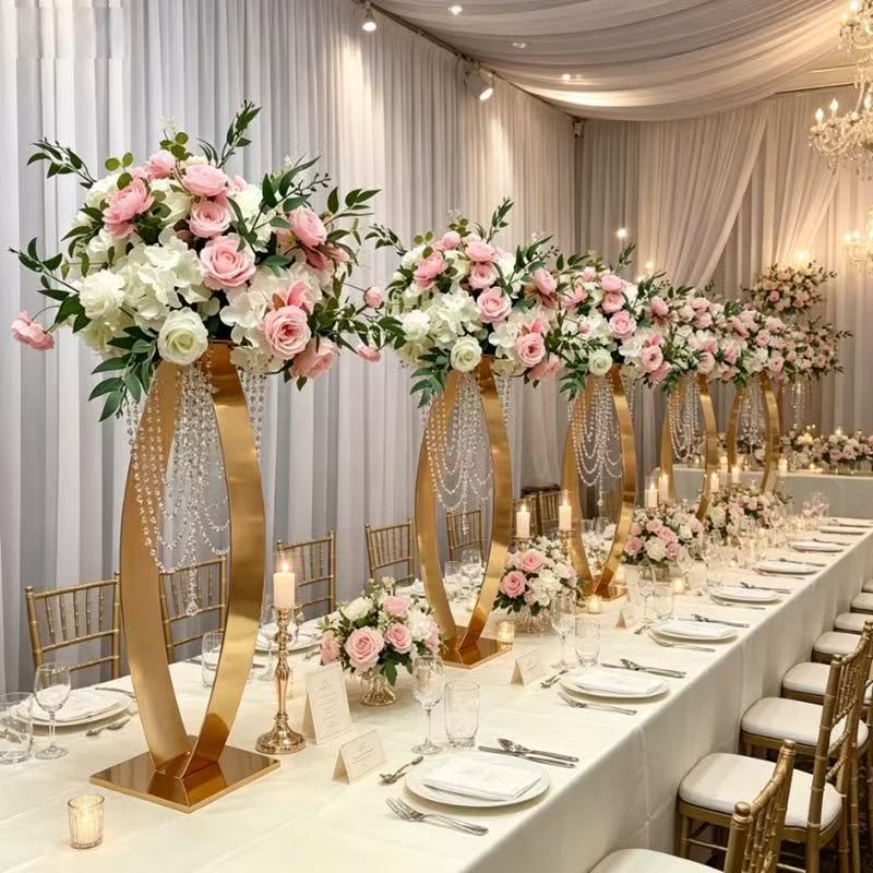 32-inch gold curved metal pedestal stand with hanging acrylic bead strands